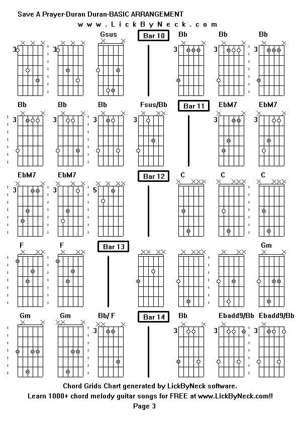 Chord Grids Chart of chord melody fingerstyle guitar song-Save A Prayer-Duran Duran-BASIC ARRANGEMENT,generated by LickByNeck software.